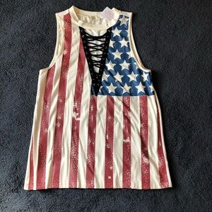 NWT Lace up tank-Flag print